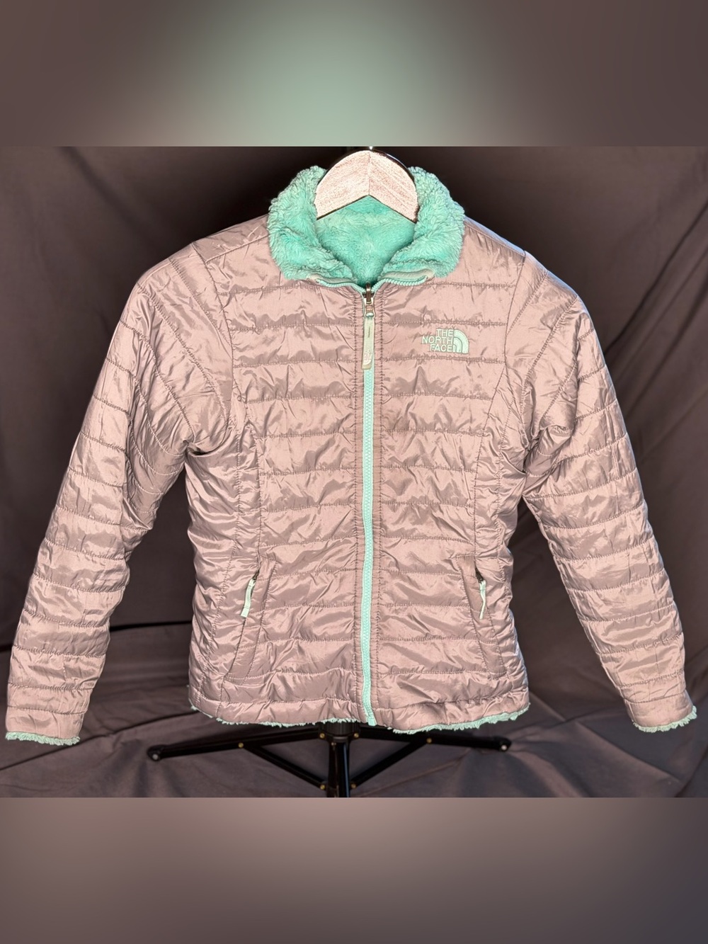 The North Face Reversible Kids Quilted Silver/Mint Puffer Coat